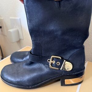Vince Camuto Black Leather Mid-Calf Boots with Gold Buckle Accents
